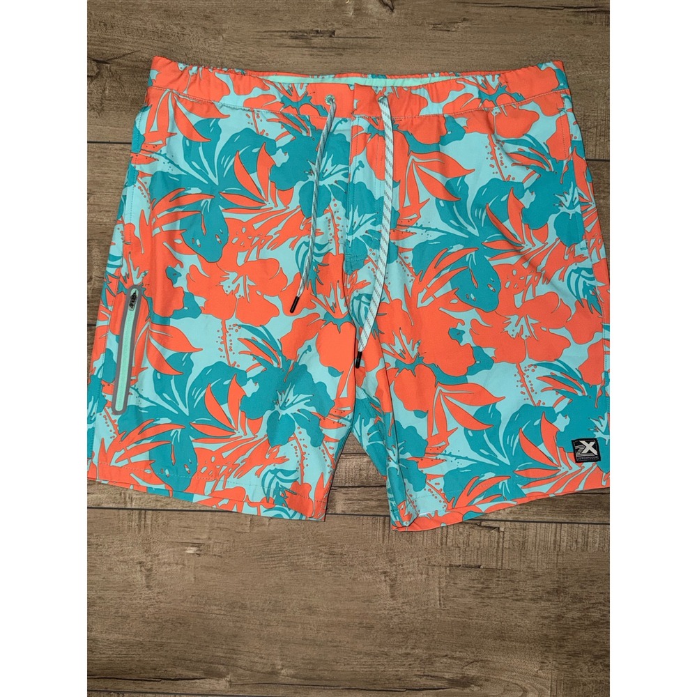 ZeroXposur Mens XL Swim Trunks Teal Orange Tropical Hibiscus Floral Board Shorts